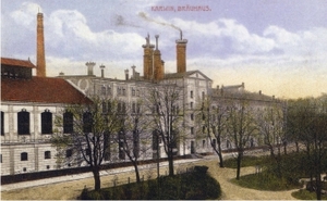 Kolorovaná pohlednice části pivovaru – zprava sladovna, varna, spilka (1910)